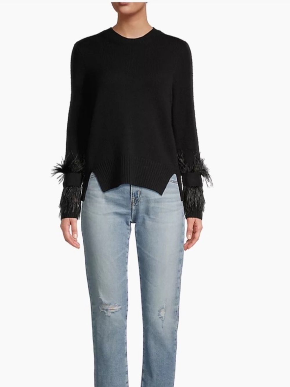 Kobi Halperin Billie Black Cashmere & Ostrich Feather Crewneck Sweater Size XL